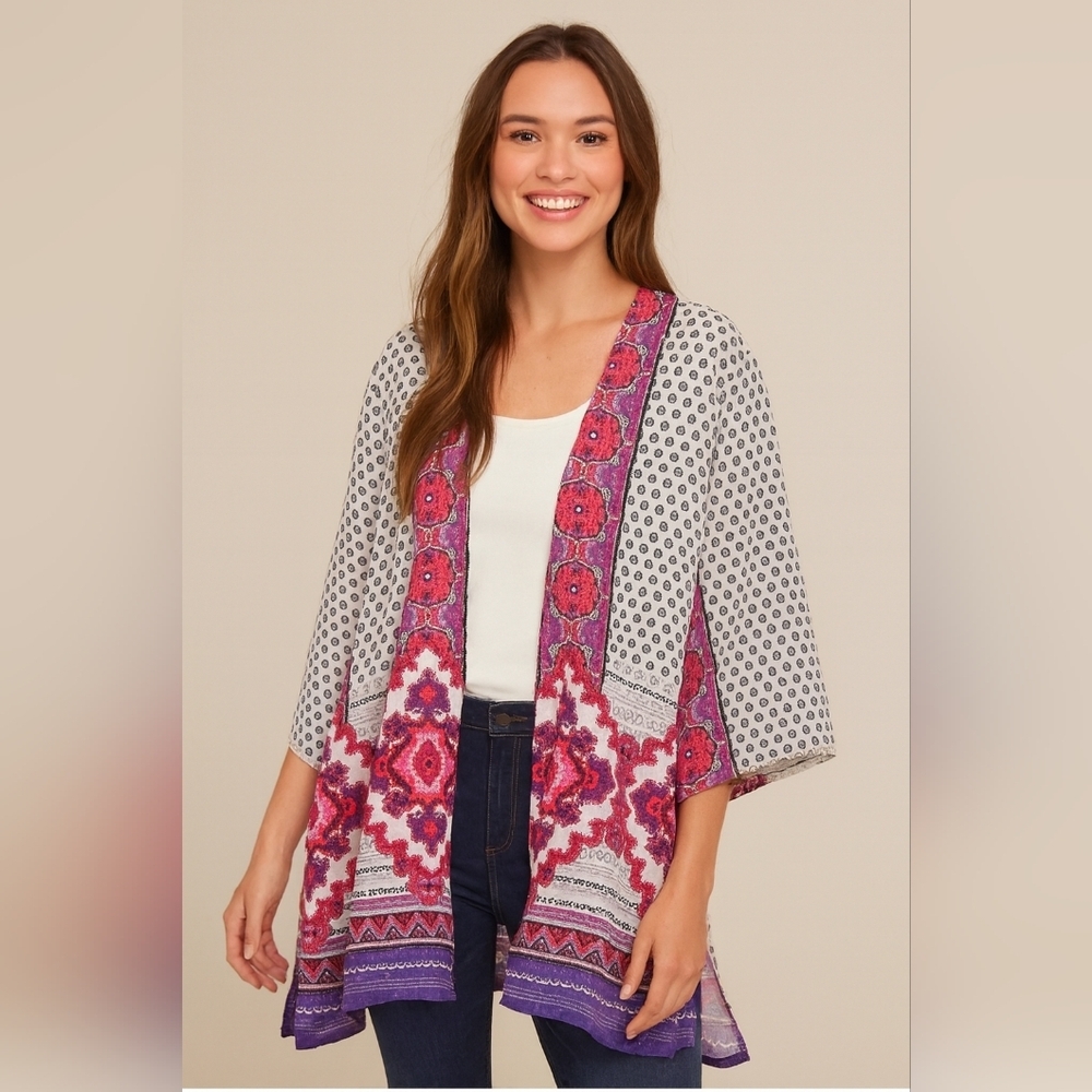 Catherines White Pink‎ Geometric Flowy Boho Artsy Shawl Kimono Size 18/20W